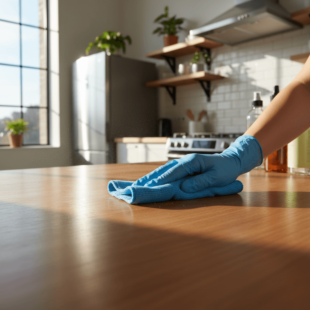 cleanFlux team member cleaning kitchen countertop