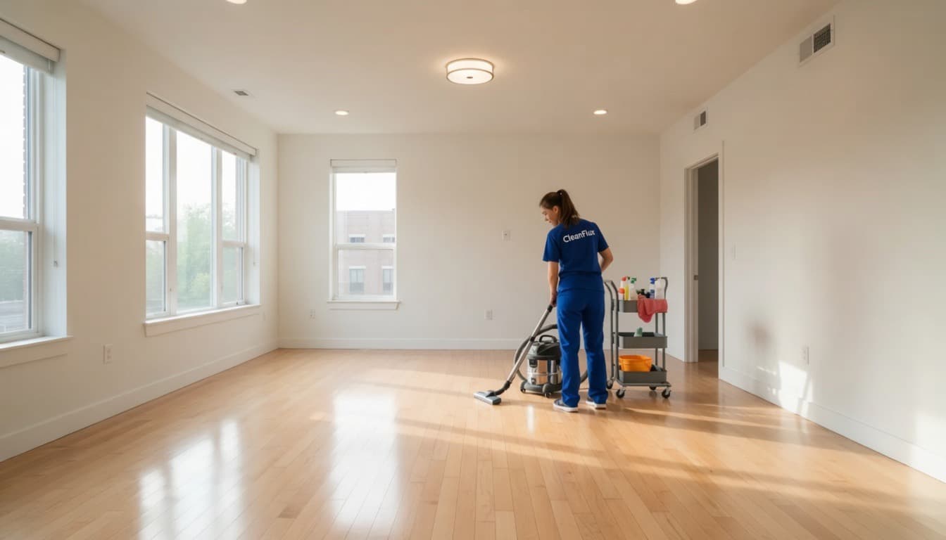Professional cleaner in blue uniform vacuums polished hardwood floors in a bright, empty room.